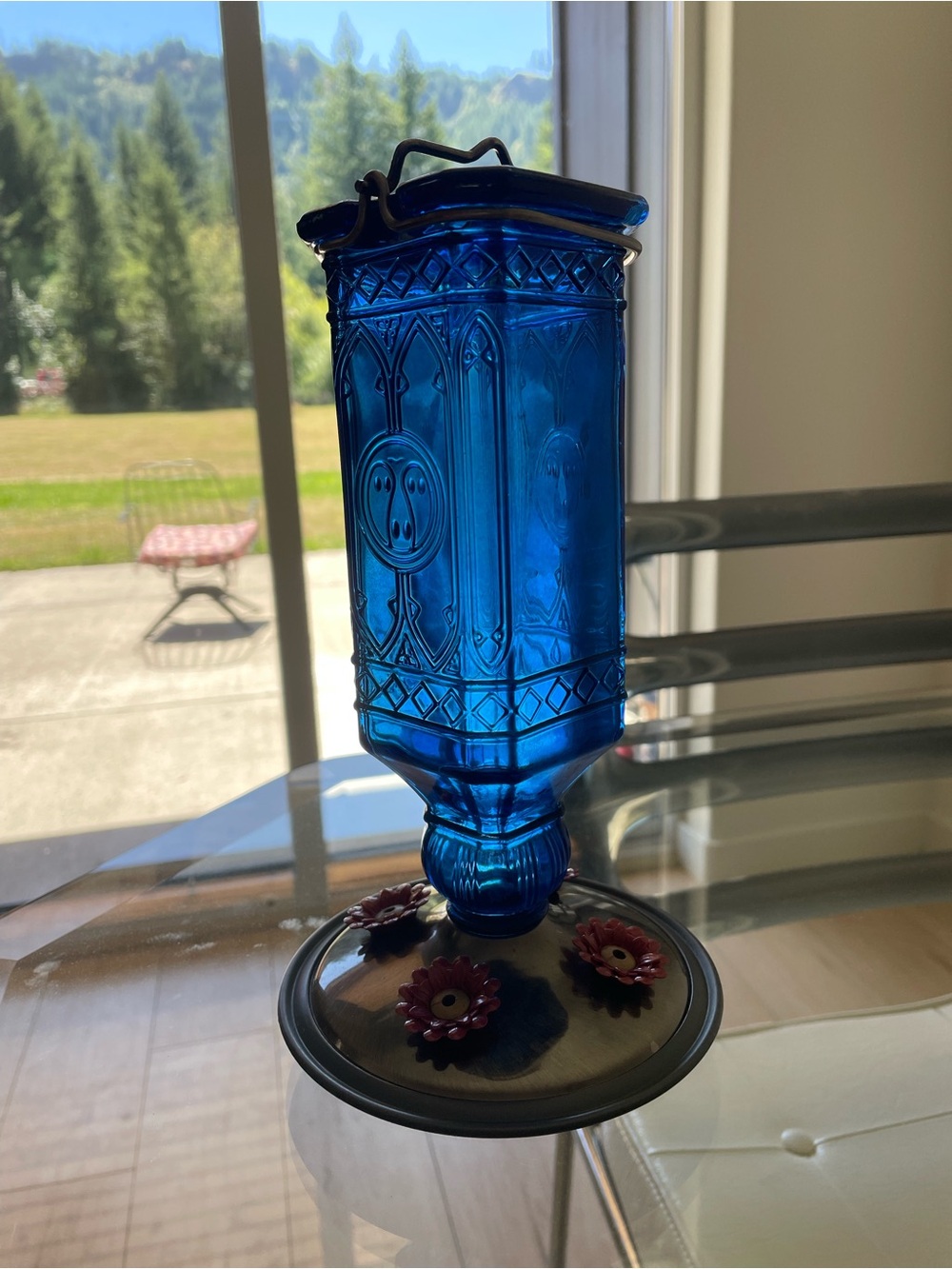 Cobalt Blue Glass Hanging Hummingbird Feeder - Home Accents
